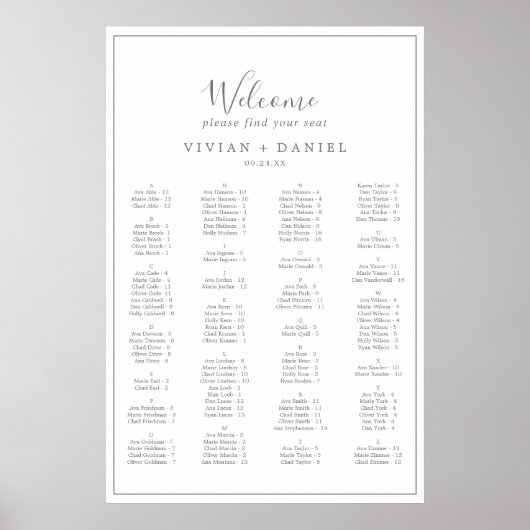 Minimalistischer silberner alphabetischer Sitzplan Poster (Vorne)