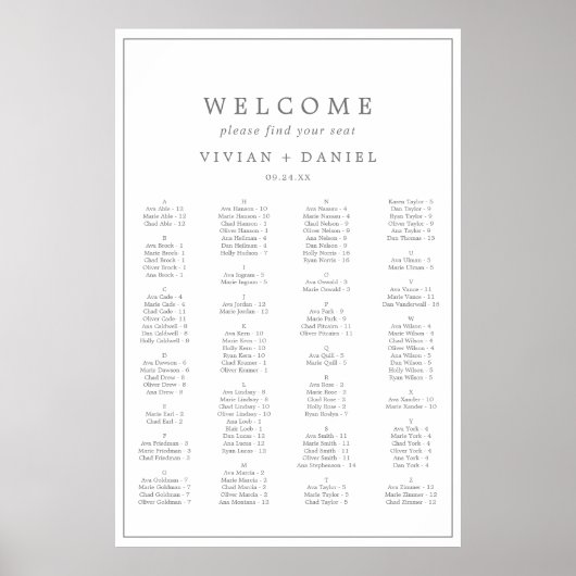 Minimalistischer silberner Tipografie-Sitzplan Poster (Vorne)