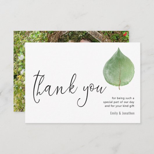Minimalistischer Single Eucalyptus Leaf Script Fot Dankeskarte (Vorne/Hinten)
