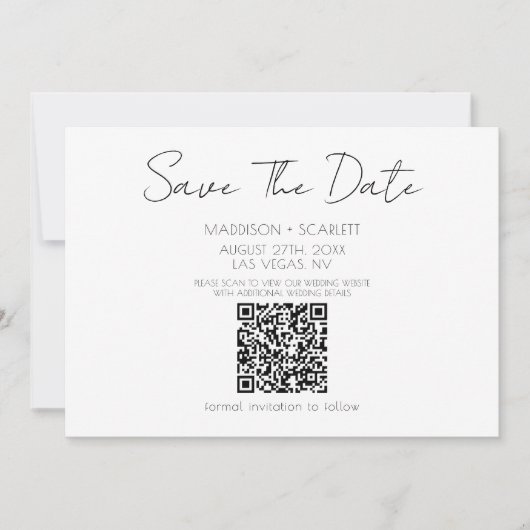 Minimalistischer Skript-QR-Code Save The Date Einladung (Vorderseite)