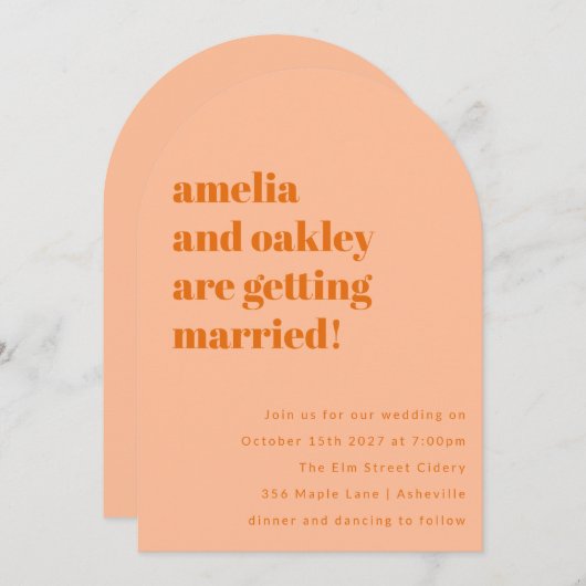 Minimalistischer Soft Peach Orange Retro Hochzeits Einladung (Vorne/Hinten)