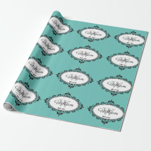 Minimalistischer Teal-Vintage-Damast-Monogramm Geschenkpapier