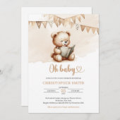 Minimalistischer Teddybär, der ein Buch mit Flagge Einladung (Vorne/Hinten)