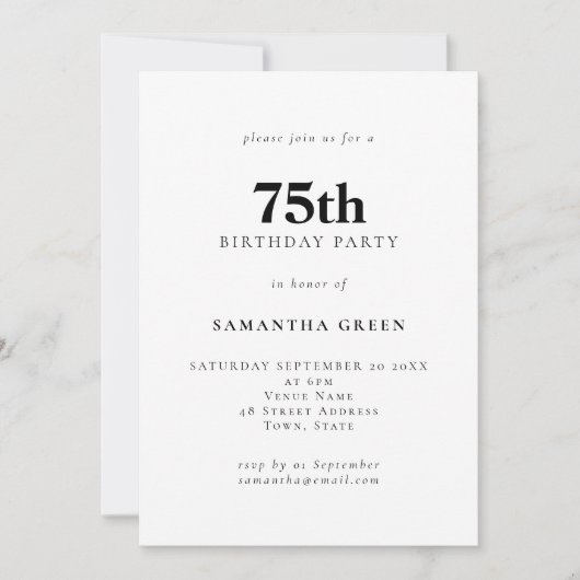 Minimalistischer Text beliebiger Farbe 75. Geburts Einladung (Vorderseite)