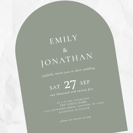 Minimalistischer Text QR Code Sage Green Arch Wedd Einladung