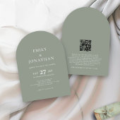 Minimalistischer Text QR Code Sage Green Arch Wedd Einladung