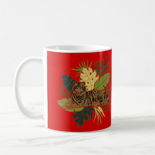 Minimalistischer Tiger auf Dschungel Blätter Rot Kaffeetasse