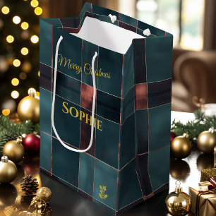 Minimalistischer Türkis- und Burgunderkarierter We Mittlere Geschenktüte