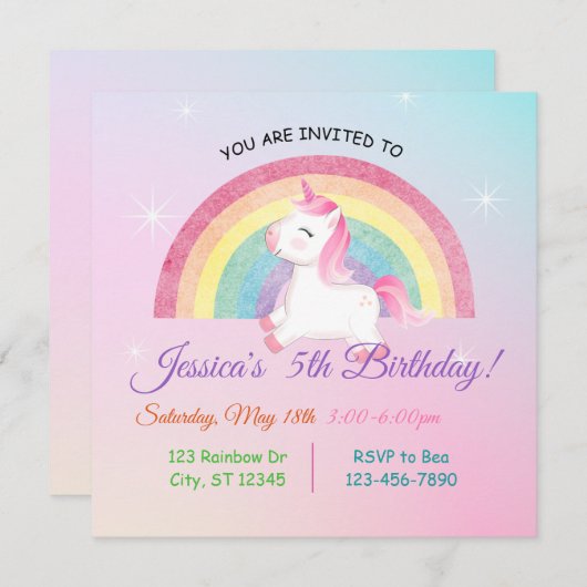Minimalistischer Unicorn Rainbow Glitzer Geburtsta Einladung (Vorne/Hinten)