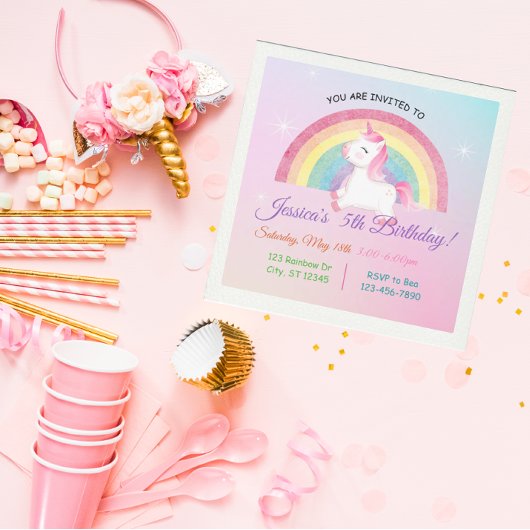 Minimalistischer Unicorn Rainbow Glitzer Geburtsta Einladung