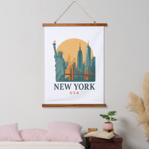 Minimalistischer Vintage-Reiseplakat New York City Wandteppich Mit Holzrahmen