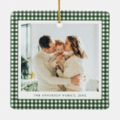Minimalistischer Waldgrüner Gingham-Foto Keramikornament (Rückseite)