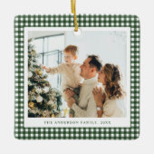 Minimalistischer Waldgrüner Gingham-Foto Keramikornament (Vorderseite)