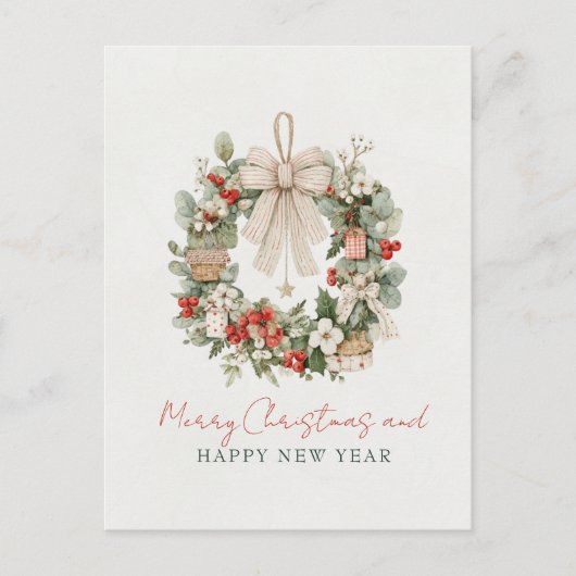 Minimalistischer Wasserfarben-Weihnachtskranz Postkarte (Vorderseite)