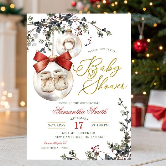 Minimalistischer Weihnachts-Babyshower mit Christb Einladung