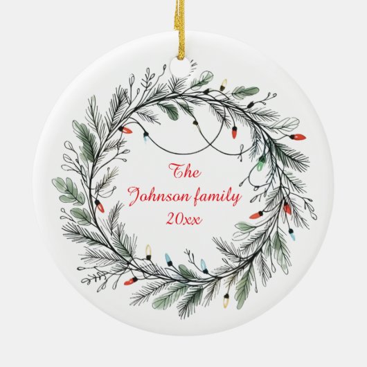 Minimalistischer Weihnachtskranz und Lichter Keramik Ornament (Hinten)