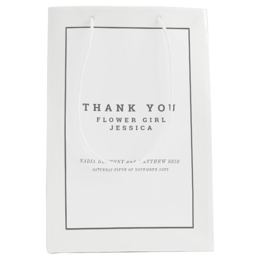 Minimalistischer weißgrauer Gastgeschenk Hochzeit Mittlere Geschenktüte (Vorderseite)