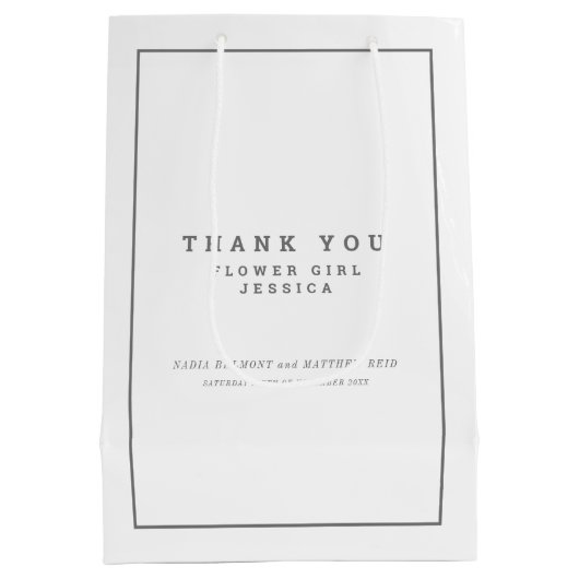 Minimalistischer weißgrauer Gastgeschenk Hochzeit Mittlere Geschenktüte (Rückseite)