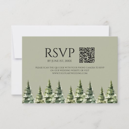 Minimalistischer Winter Snowy Pine Trees QR Code H RSVP Karte (Vorderseite)