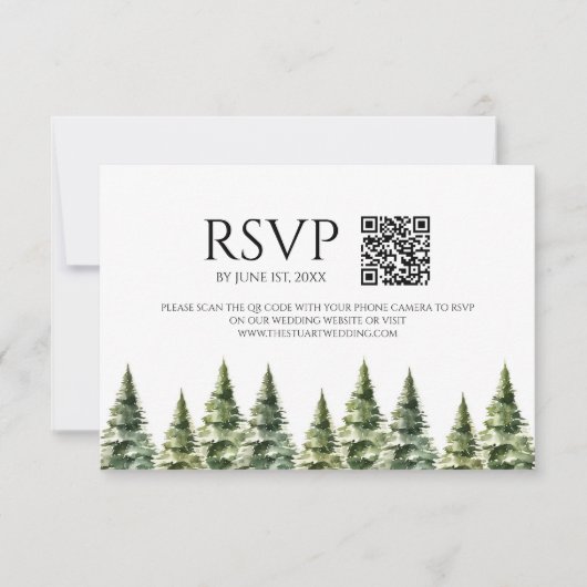 Minimalistischer Winter Snowy Pine Trees QR Code H RSVP Karte (Vorderseite)
