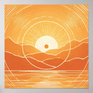 Minimalistischer Zen-Berg-Ozean-Retro-Sonnenunterg Poster