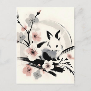Minimalistischer Zen-Tinten-Hase Kirschblüten Feiertagspostkarte