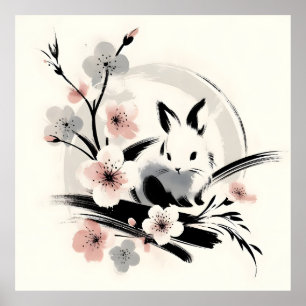 Minimalistischer Zen-Tinten-Hase Kirschblüten Poster