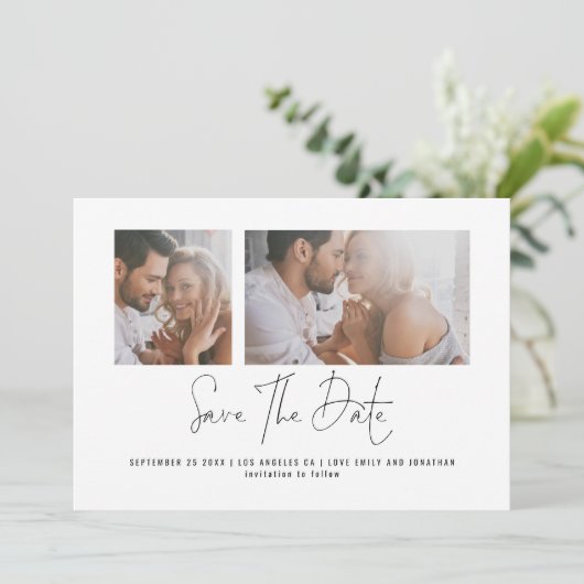 Minimalistisches 2 Foto Farbhochzeit speichern das Save The Date (Stehend Vorderseite)