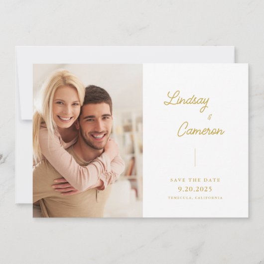 Minimalistisches 2-Foto-Gold-Script Save the Date (Vorderseite)