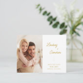 Minimalistisches 2-Foto-Gold-Script Save the Date Postkarte (Stehend Vorderseite)