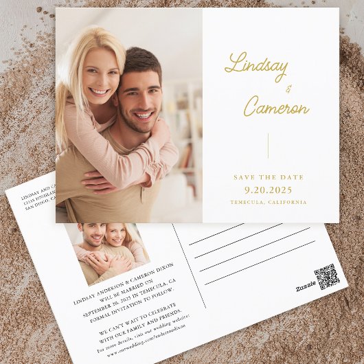 Minimalistisches 2-Foto-Gold-Script Save the Date Postkarte
