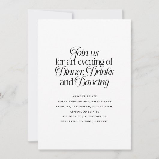 Minimalistisches Abendessen, Getränke und Tanz Einladung (Vorderseite)