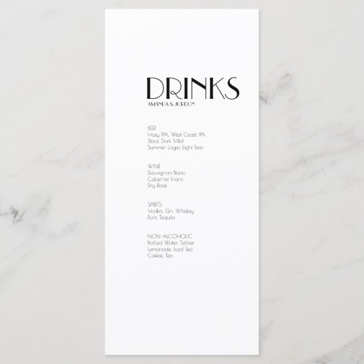 Minimalistisches Abendessen im Art Déco-Stil und G Menükarte (Rückseite)