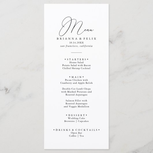 Minimalistisches Abendmenü mit klassischem Chic Menükarte (Vorderseite)
