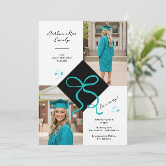 Minimalistisches Aquamarines Blue Cap and Bow Absc Einladung (Stehend Vorderseite)