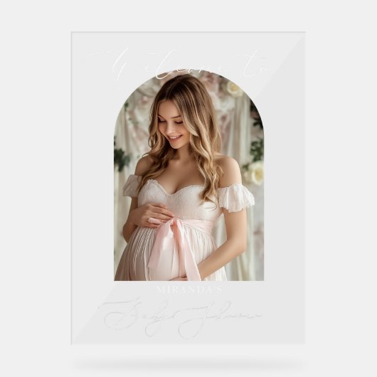 Minimalistisches Arch Baby Dusche Foto Willkommen Acrylschild (Vorderseite)
