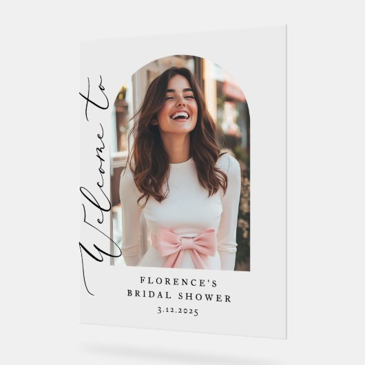 Minimalistisches Arch Brautparty Foto Willkommen Acrylschild (Winkel)