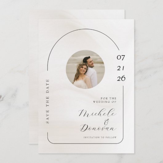 Minimalistisches Arch & Script-Hochzeitsszenario-F Save The Date (Vorne/Hinten)