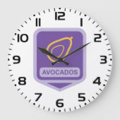 Minimalistisches Avocado-Abzeichen in Lila und Gol Große Wanduhr (Vorderseite)