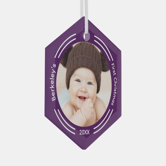 Minimalistisches Baby-Foto Lila Erste Weihnachtsfe Ornament Aus Glas (Vorderseite Rechts)