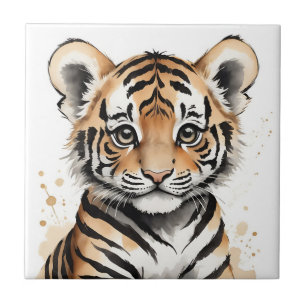 Minimalistisches Baby Tiger Gesicht in Tinte und W Fliese