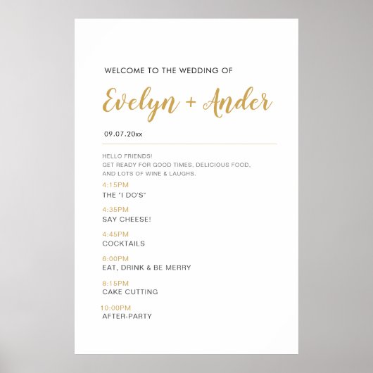 Minimalistisches Begrüßungs- und Zeitplanprogramm Poster (Vorne)