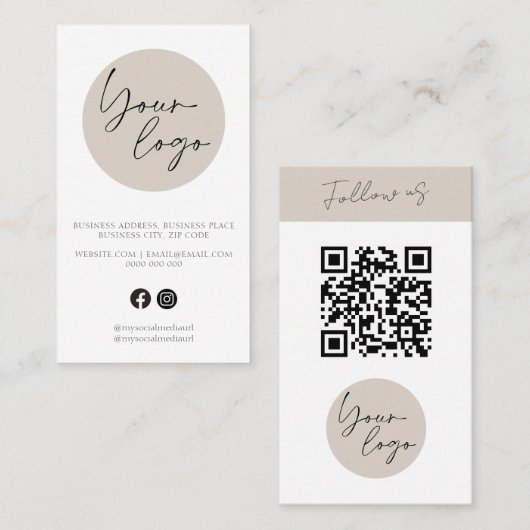 Minimalistisches Beige-QR-Code-Logo Visitenkarte (Vorne/Hinten)