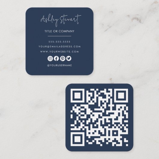 Minimalistisches Berufliches Branding Qr Code Navy Quadratische Visitenkarte (Vorne/Hinten)