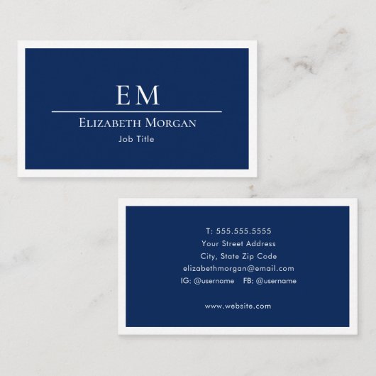Minimalistisches Berufliches Navy Blue White Visitenkarte (Vorne/Hinten)