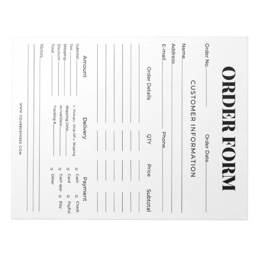 Minimalistisches Bestellformular Notizblock (Vorderseite)