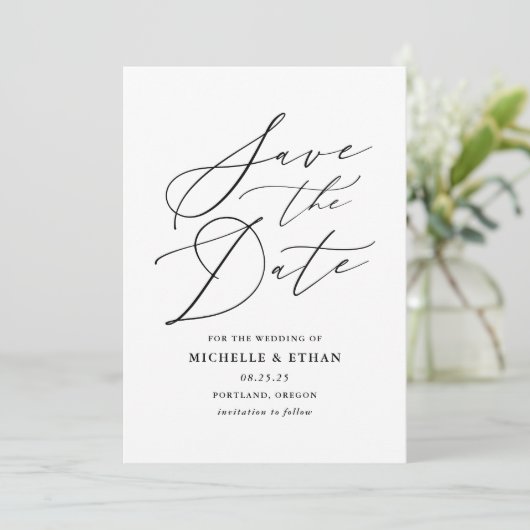 Minimalistisches Black Calligraphy Script-Foto Save The Date (Stehend Vorderseite)