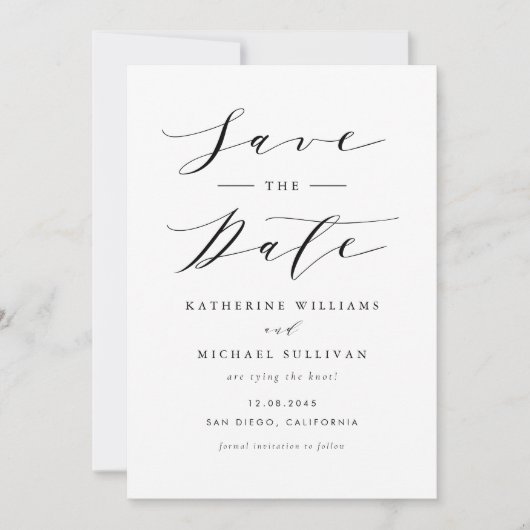 Minimalistisches Black Dainty Script Hochzeitsskri Save The Date (Vorderseite)