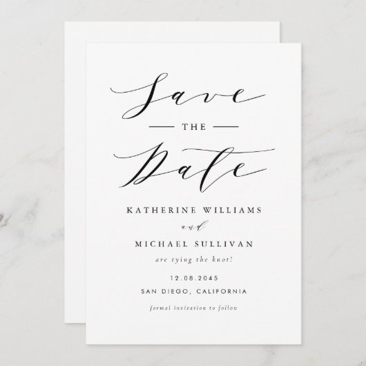 Minimalistisches Black Dainty Script Hochzeitsskri Save The Date (Vorne/Hinten)