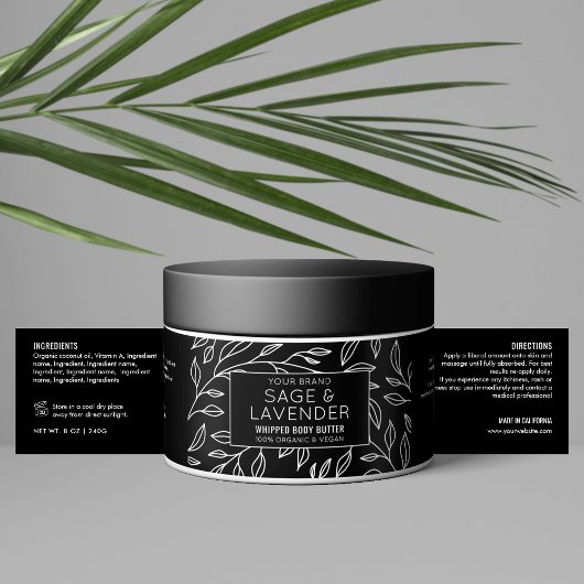 Minimalistisches Black Floral Cosmetic Jar Wrapper Wasserflaschenetikett
